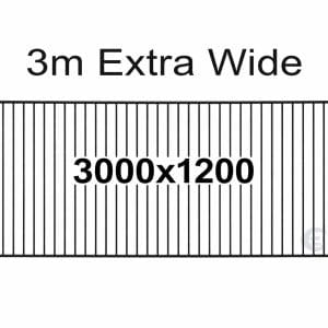 3000x1200 black extra wide flat top pool fence panel with vertical bars, size text, and light eStar watermark on white background