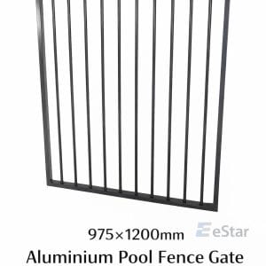 975x1200mm black aluminium pool fence gate with vertical bars on a light background