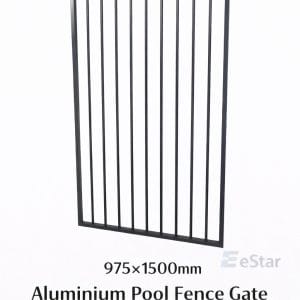 975x1500mm black aluminium pool fence gate with vertical bars and light eStar watermark on a white background