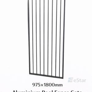 975x1800mm black aluminium pool fence gate with vertical bars and light eStar watermark on a white background