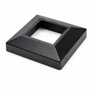 Black aluminium post foot cover for square fence post base on a light background
