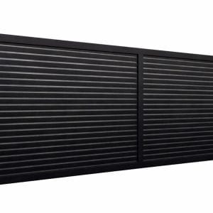 Black aluminum horizontal slat sliding gate with 10mm gap for modern driveway and front entrance use.