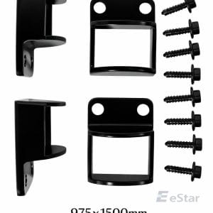 Black 38x25mm aluminium pool fence brackets pack of 4 with screws and light eStar watermark on a white background