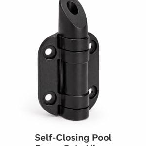 Black self-closing pool fence gate hinge with mounting plates on a light background