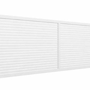 White aluminum horizontal slat sliding gate with 10mm gap for modern residential driveway entrance.