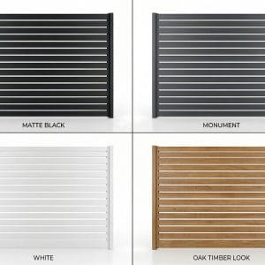 Four colour variations of the 2.4m by 1.8m DIY aluminium horizontal slat fence panel kit, showing Matte Black, Monument, White, and Oak Timber Look finishes.