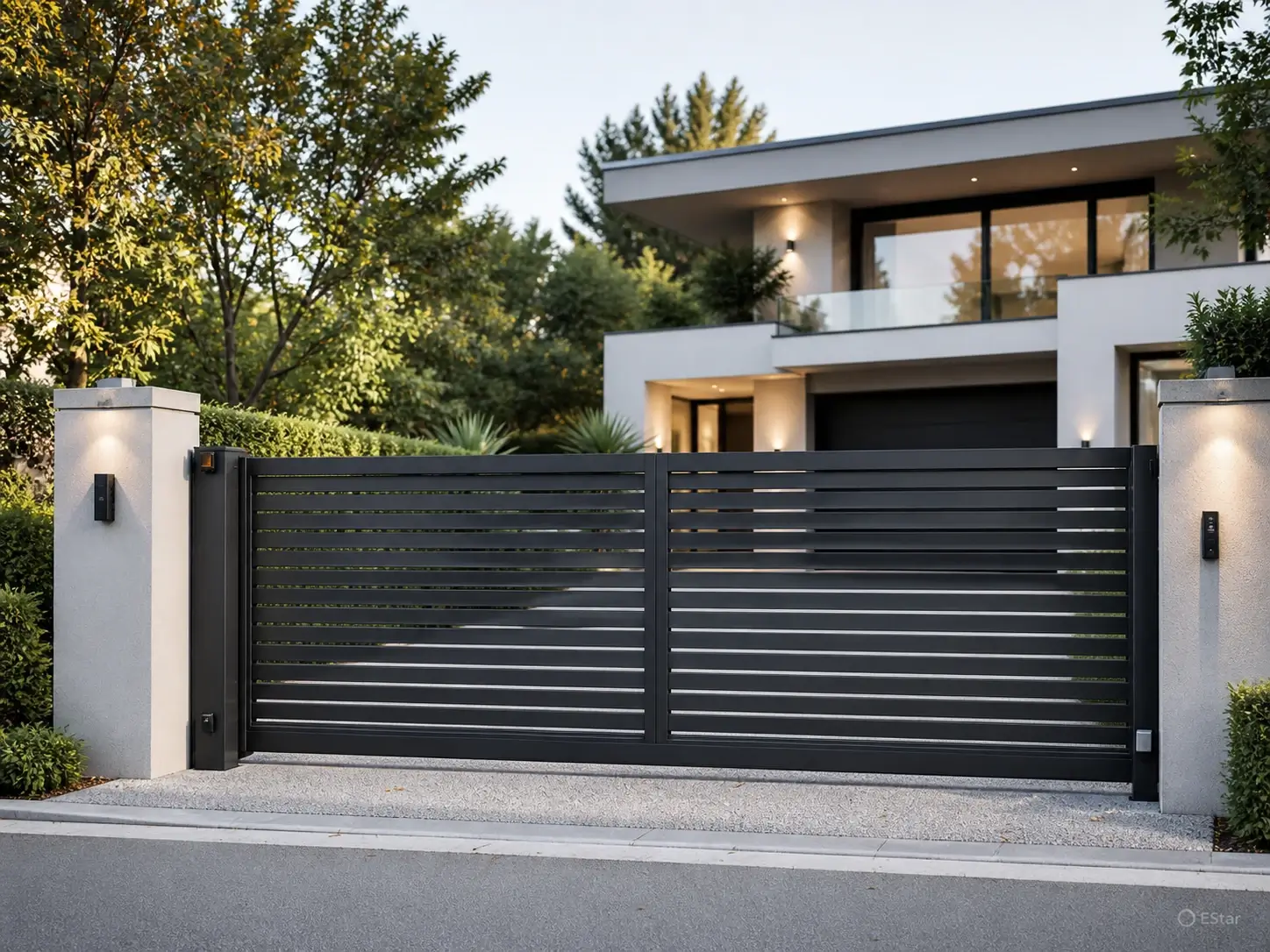 Automatic aluminum gate door installed at a modern driveway entrance