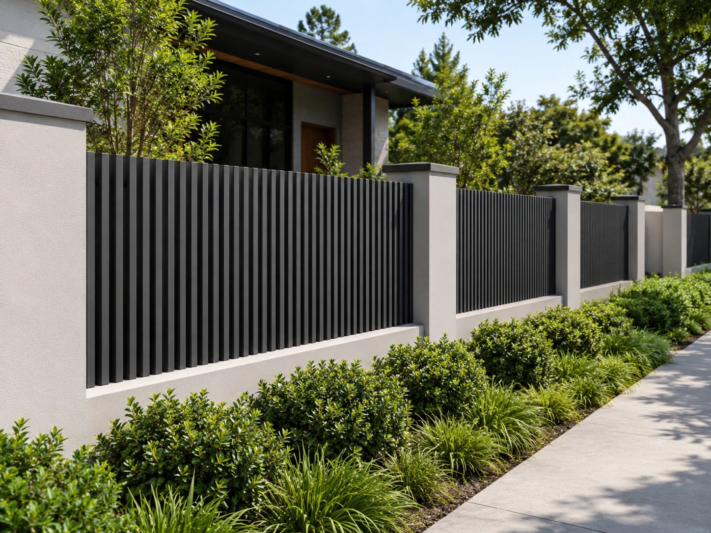 Aluminium batten fence used as a modern front boundary fence
