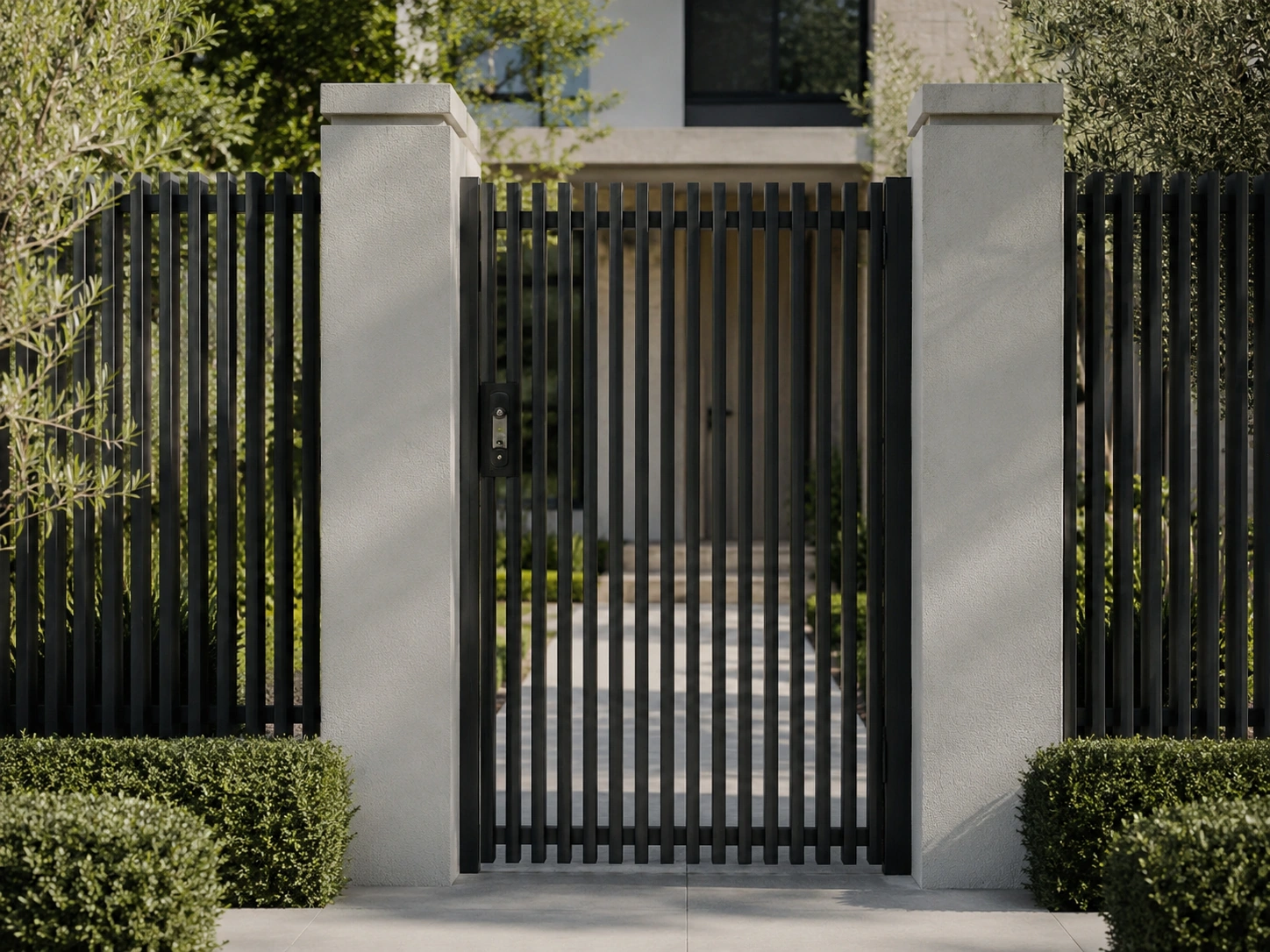 Aluminium batten pedestrian gate for a modern front fence