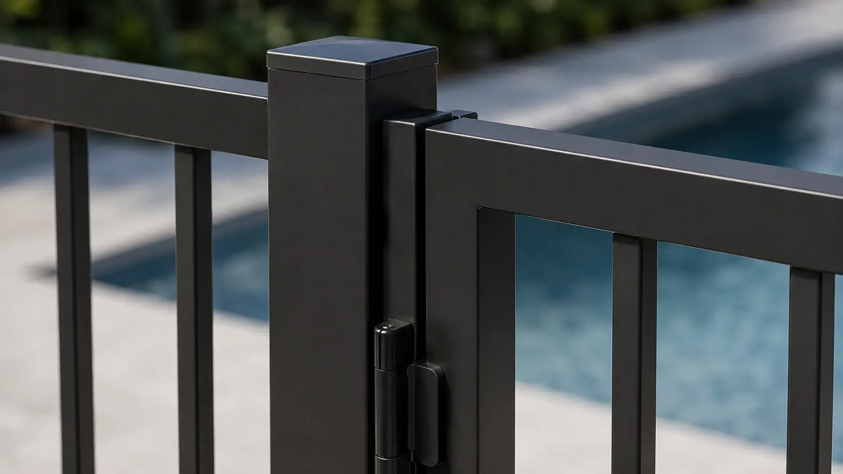 Close up of black aluminium pool fencing vertical tubes