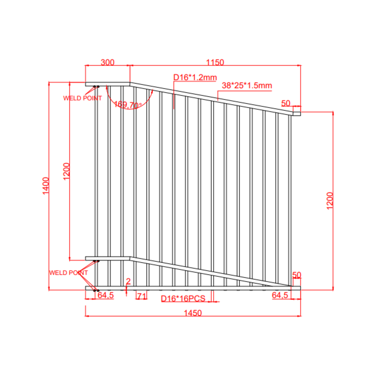 1450×1400–1200mm Aluminium Raked Pool Fence Panel | Pool Compliant Sloped Pool Fencing - Image 2