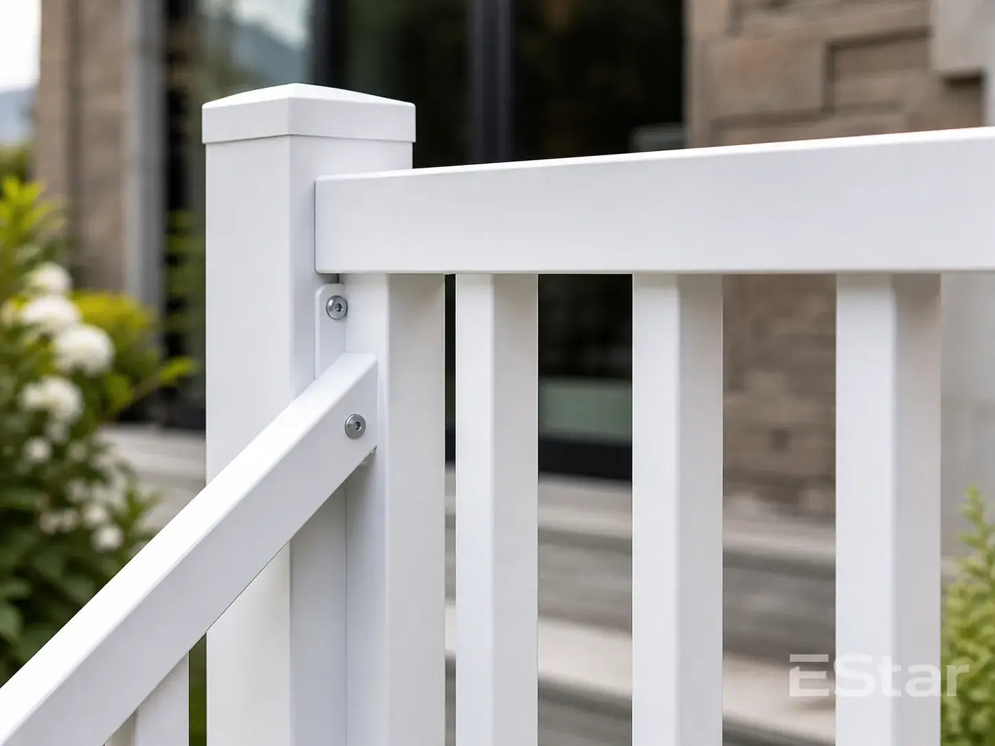Close up detail of powder coated aluminum handrail profile and fixing