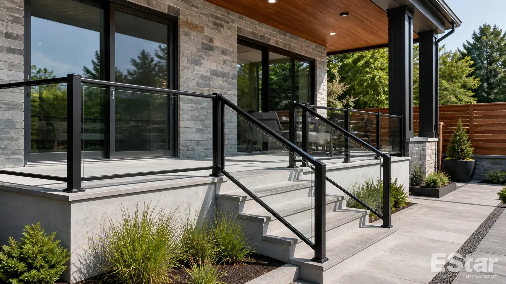 Modern aluminum handrail installed on a residential outdoor stair and balcony area