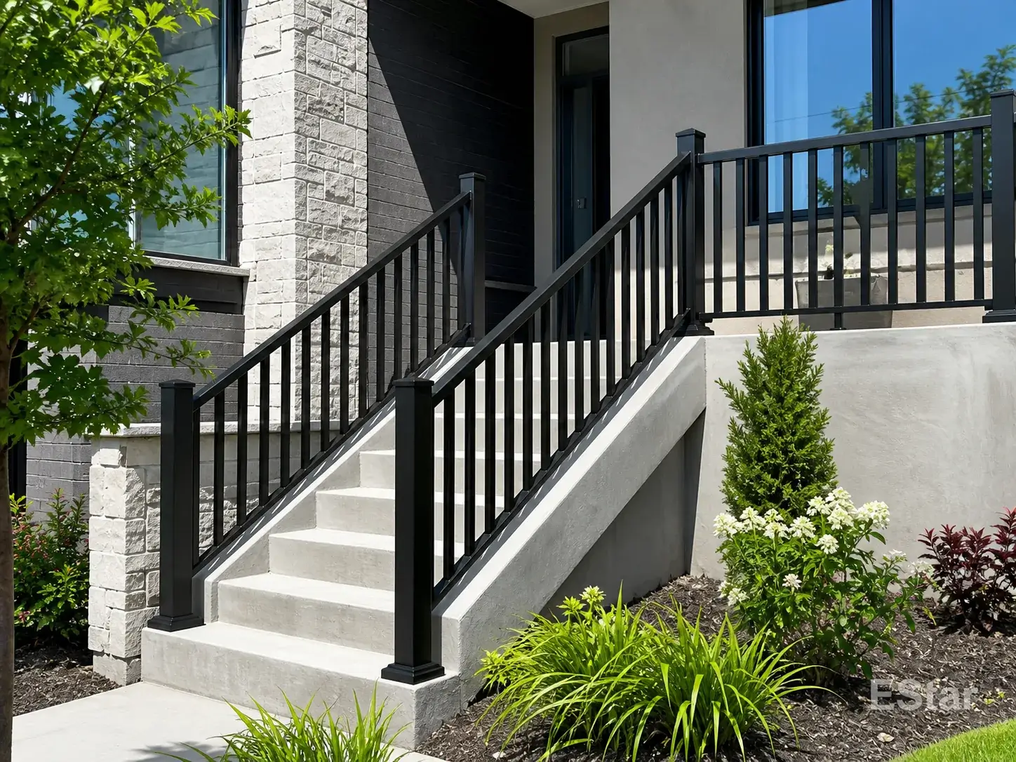 Aluminum handrail installed beside modern outdoor stairs