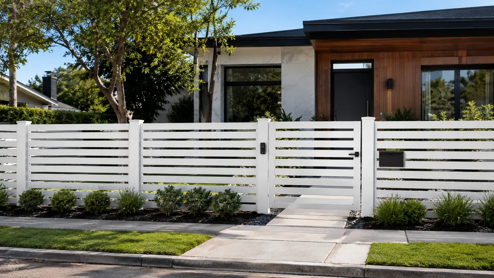Modern front yard with aluminum horizontal slats fence
