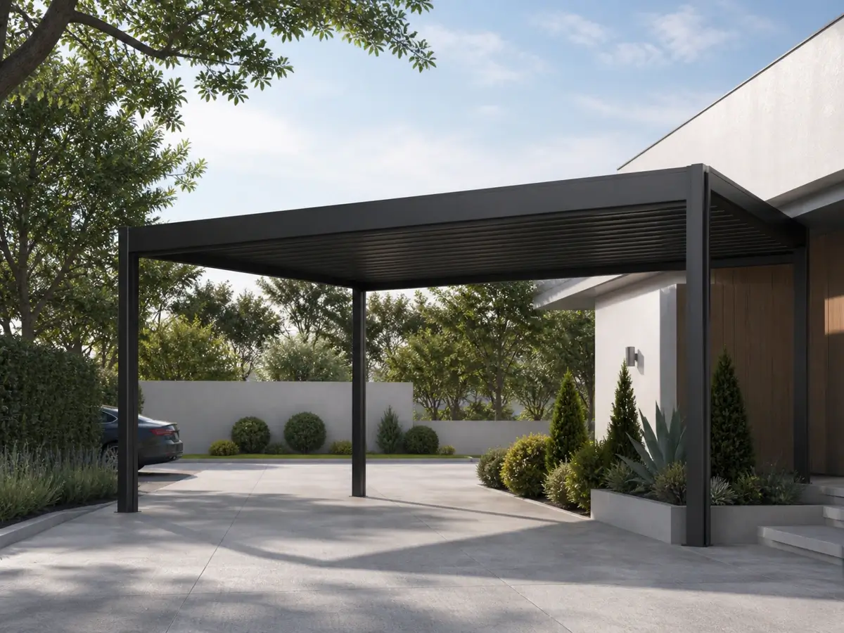 Aluminum carport shelter installed over a residential driveway