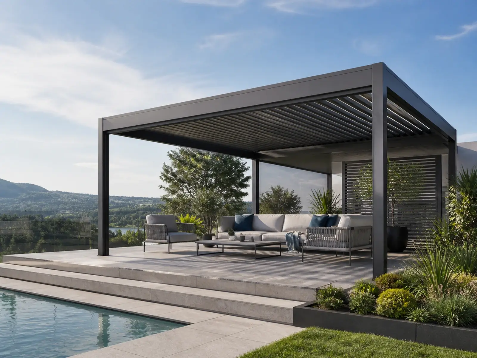 Modern aluminum shelter installed over an outdoor entrance area