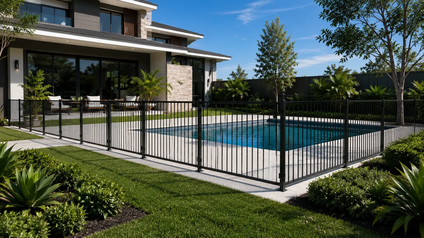 Backyard swimming pool with black aluminium pool fencing