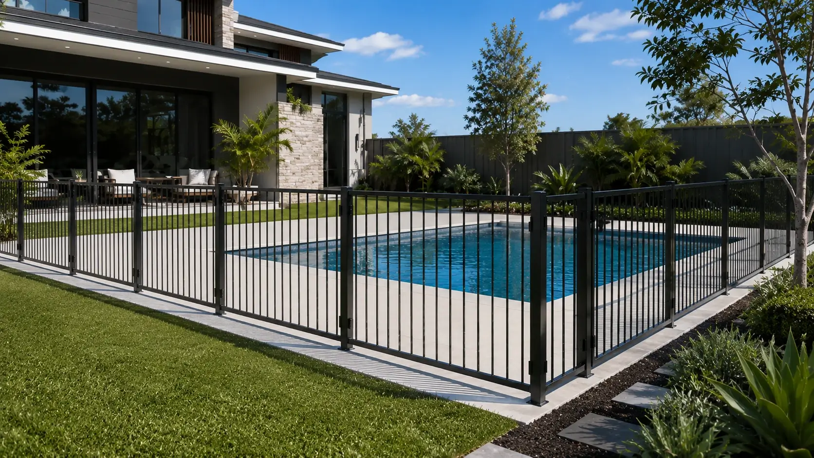 Black aluminium pool fence used in garden landscape design