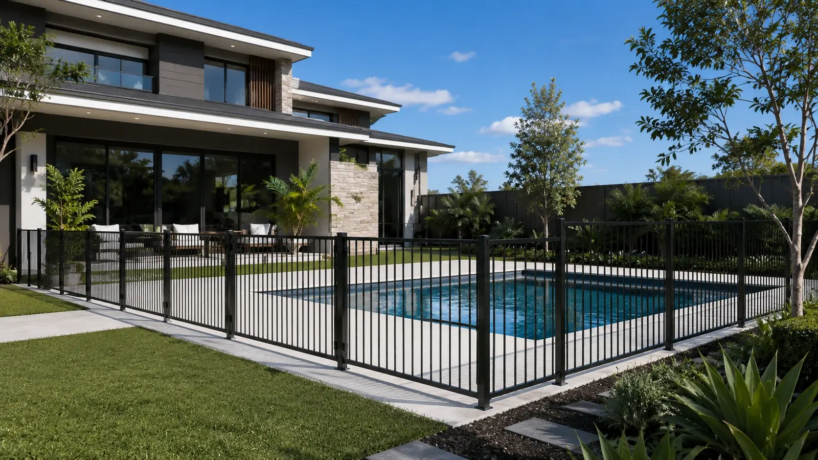 Black aluminium pool fencing around a modern home swimming pool