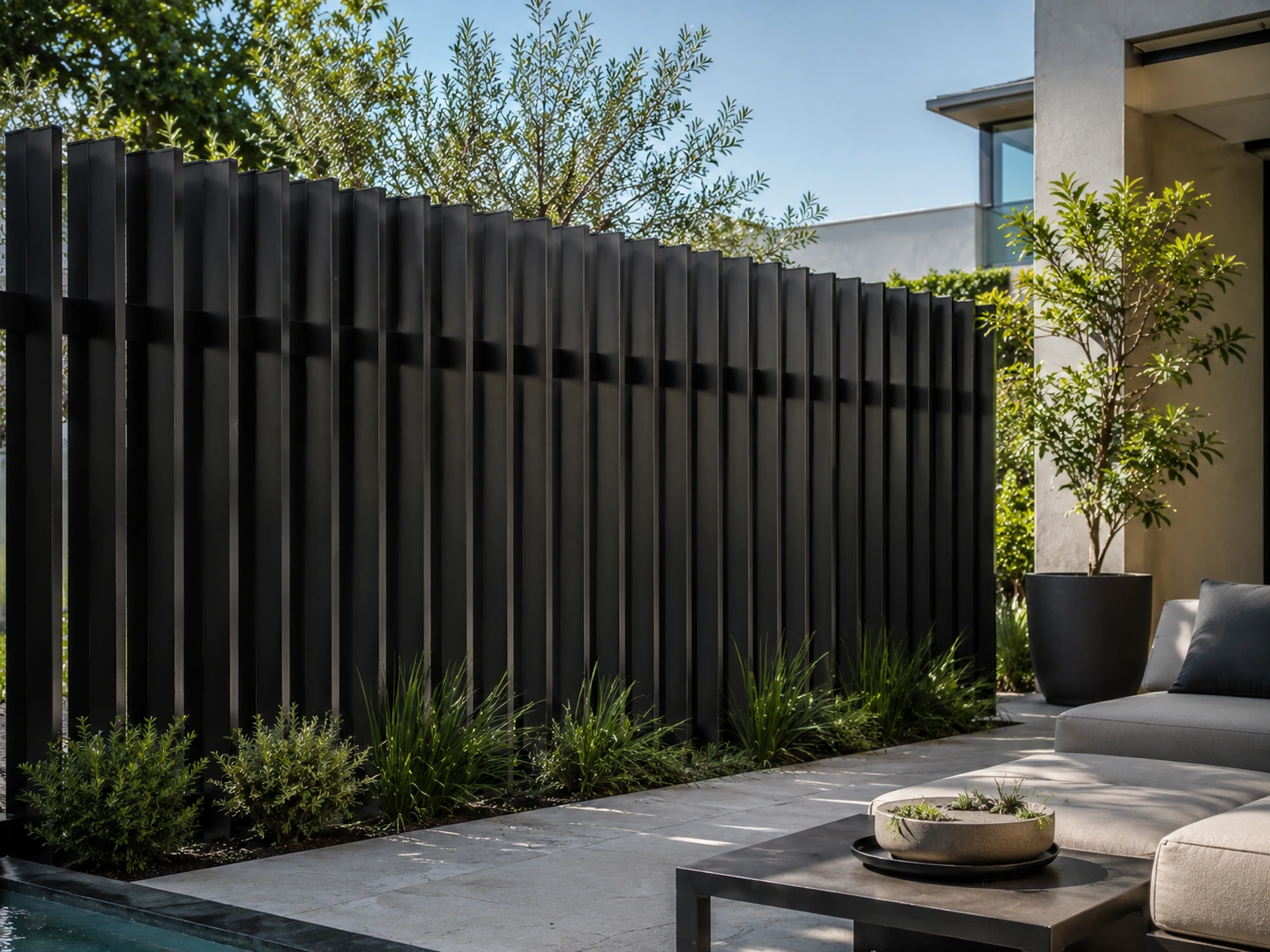 Aluminium blade fence privacy screen for outdoor entertaining area