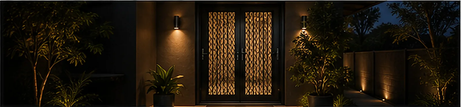 Decorative security door entrance with warm lighting at night