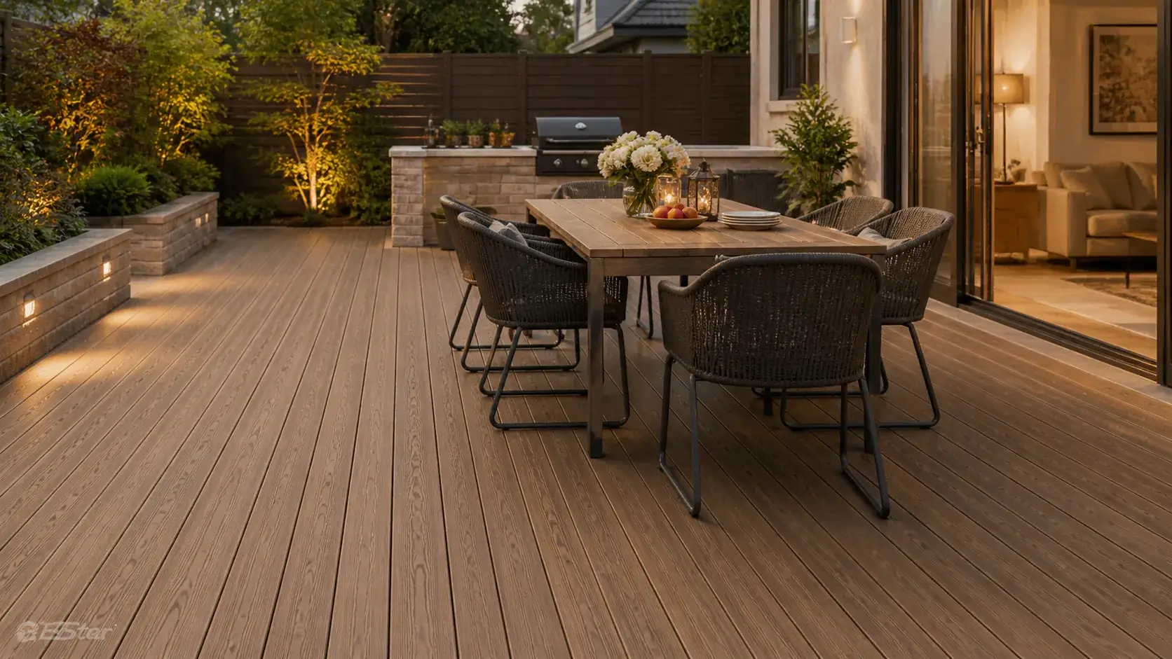 Composite WPC decking used in a backyard patio and outdoor dining area