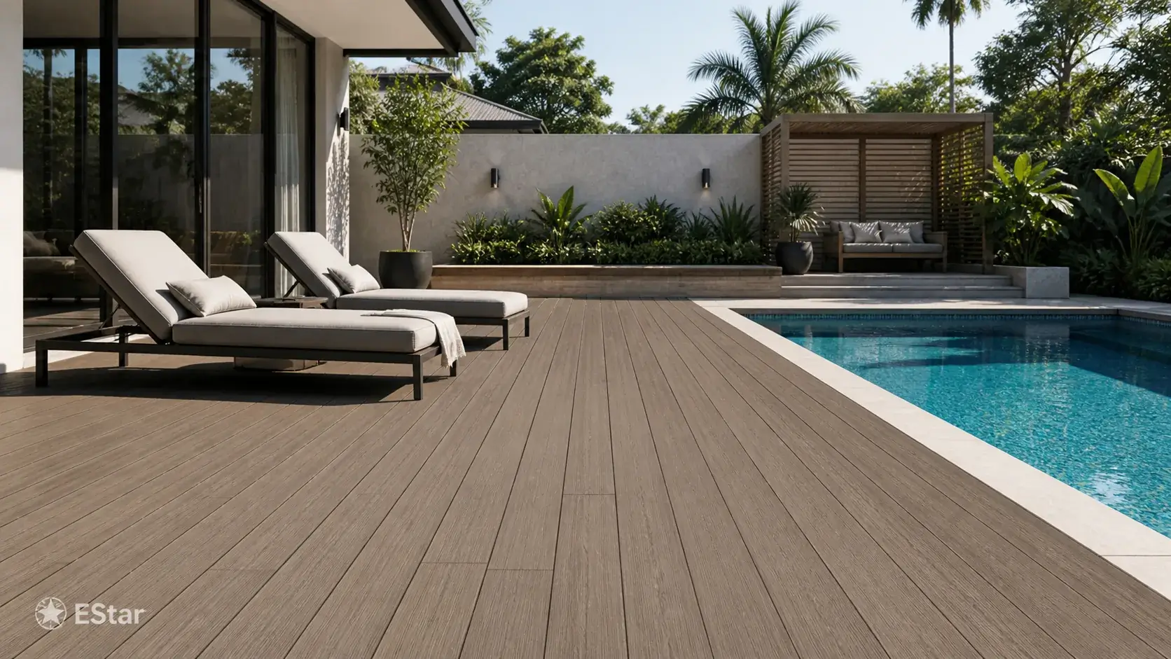 Composite WPC decking installed around a modern swimming pool