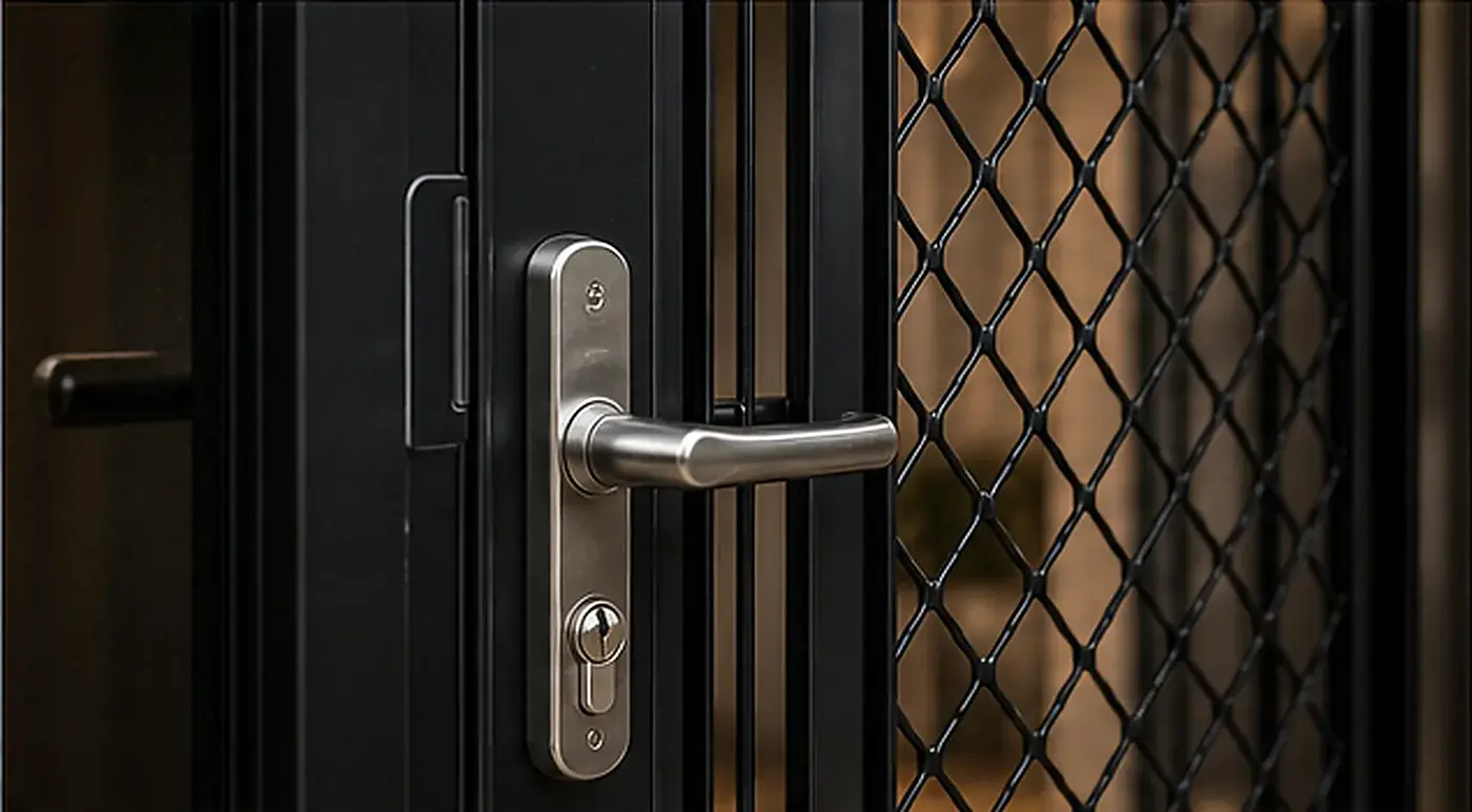 Close up detail of security door handle and mesh screen