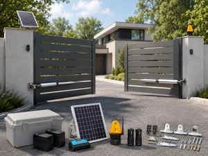 Double swing gate installed at a modern driveway entrance