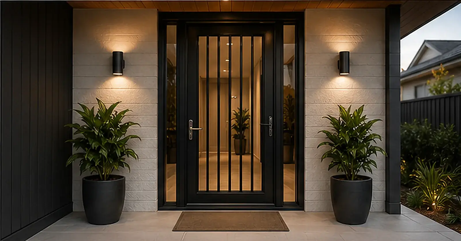 Modern black security door installed at a home entrance with vertical slats