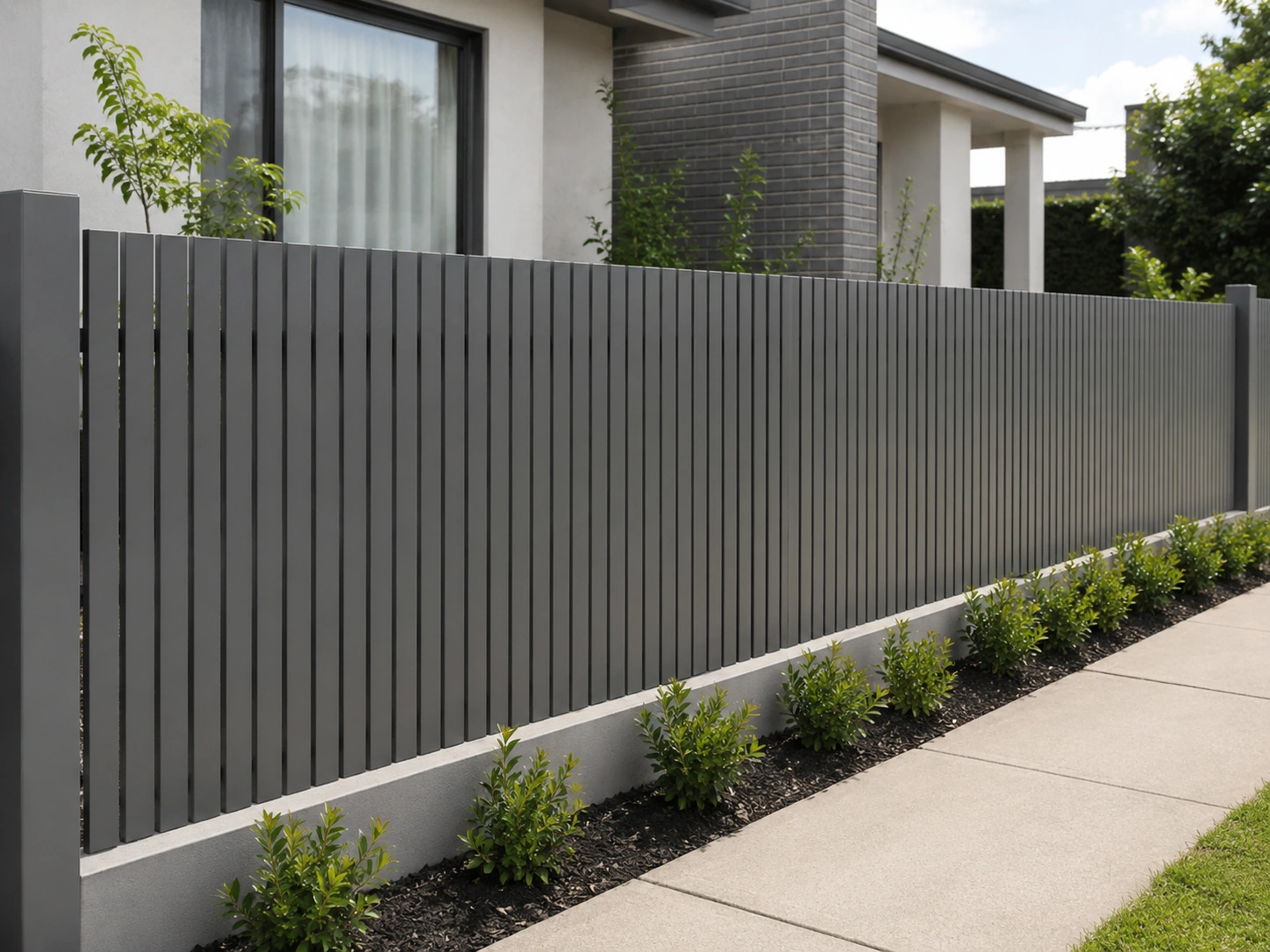 Modern aluminium picket fence used as a residential front boundary fence