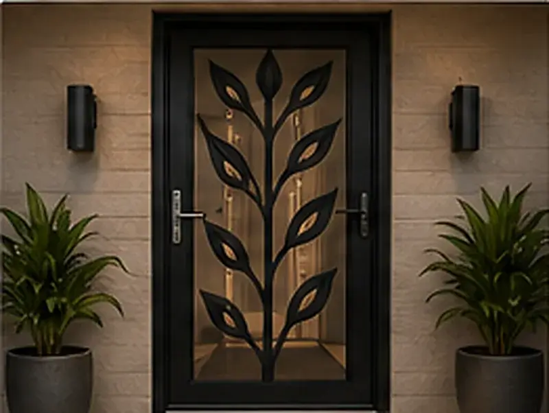 Decorative pattern security door with modern black entrance design