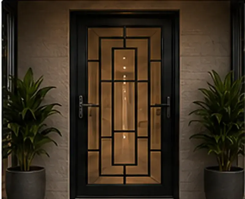 Geometric design security door for a contemporary entrance