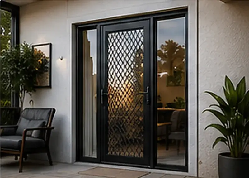 Sliding patio security door with decorative grille for outdoor living area