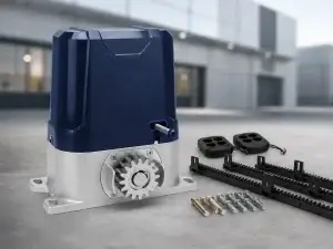 Close up view of a sliding gate motor unit and drive gear