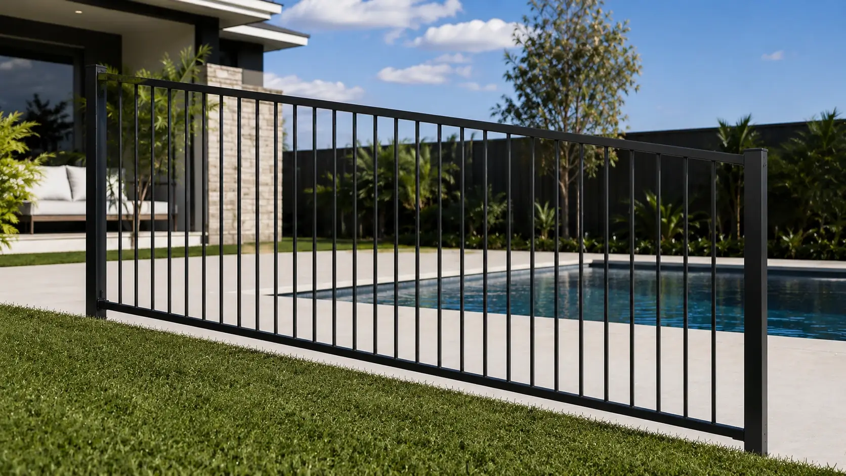 Sloped black aluminium pool fence panel for inclined ground