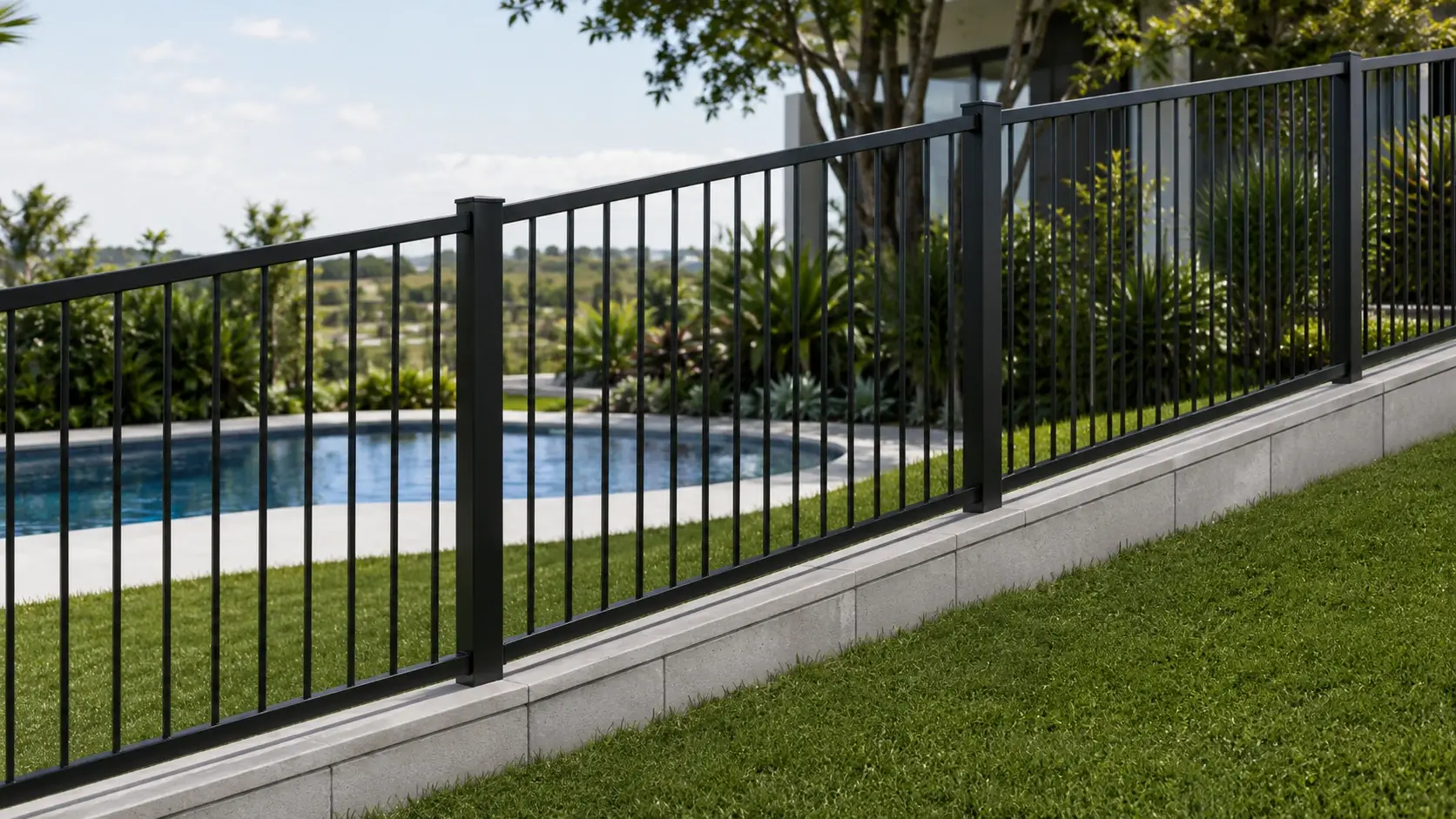 Sloped black aluminium pool fencing installation on inclined terrain