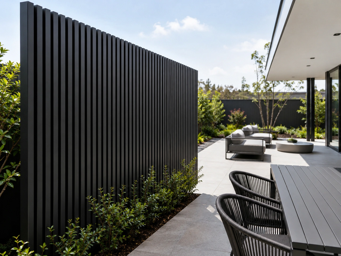 Vertical aluminium batten privacy screen for outdoor entertaining area