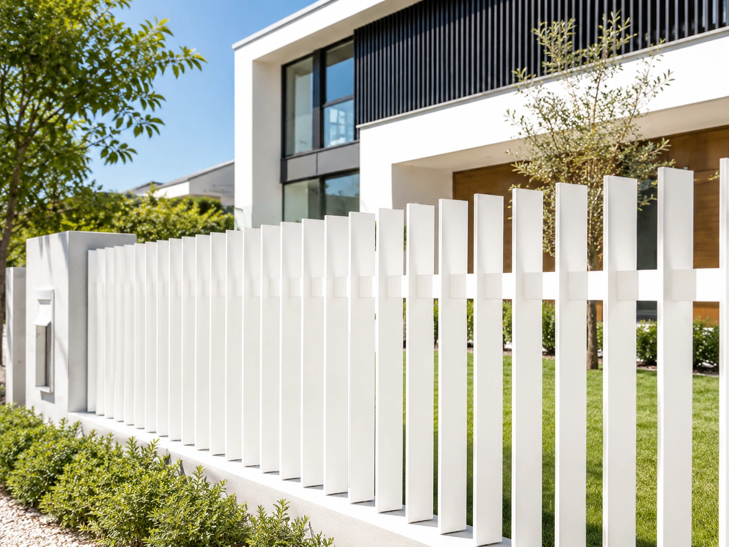 White aluminium blade fence panels for coastal style homes