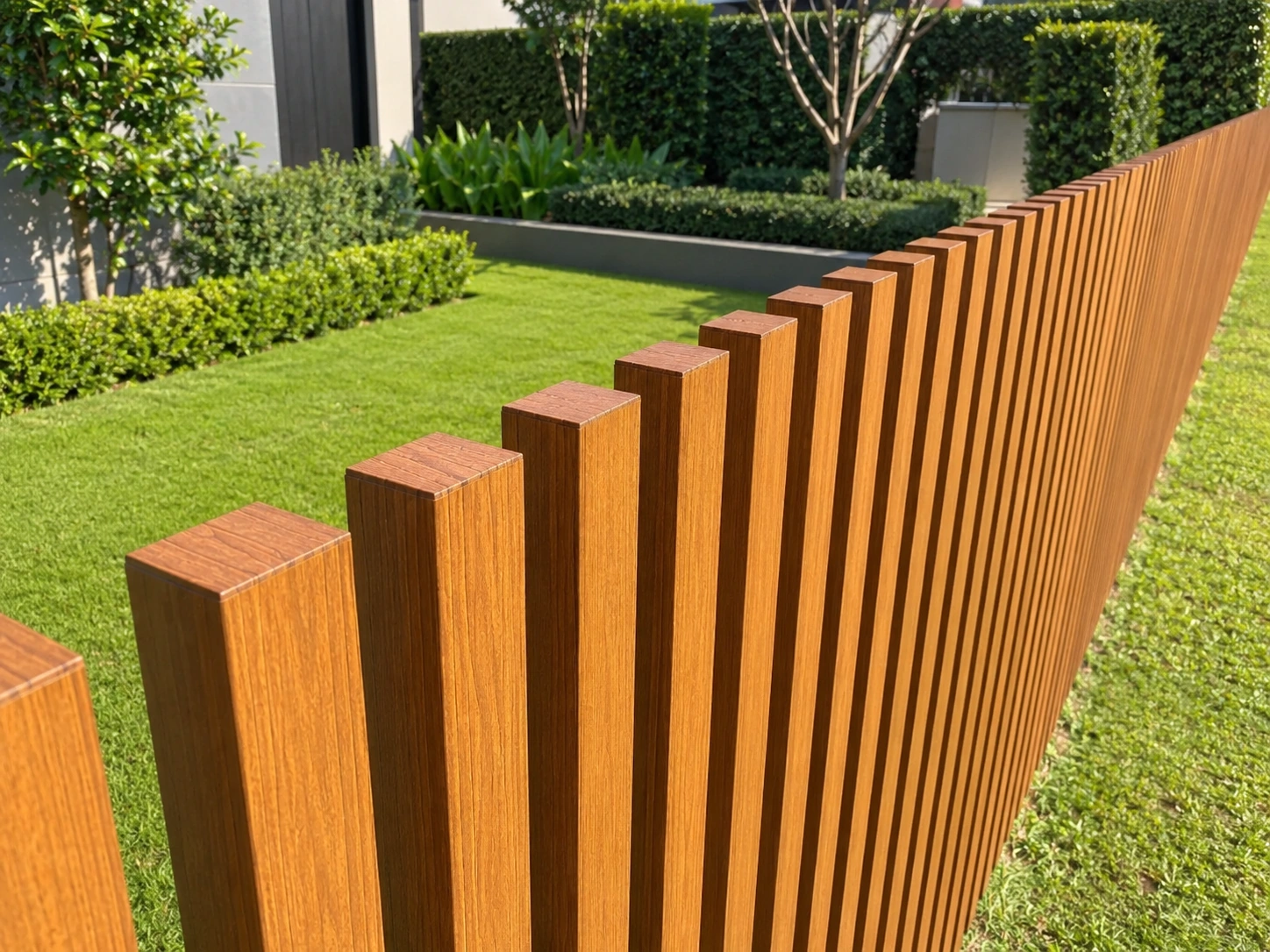 Woodgrain aluminium batten fence panels with timber look finish