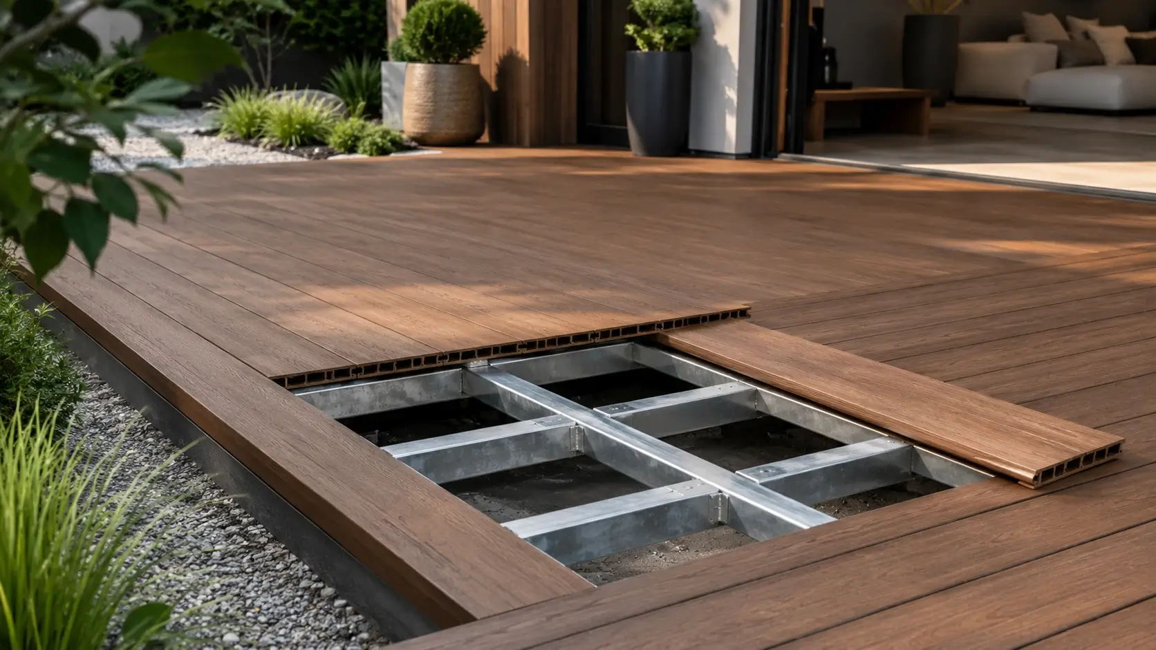 WPC composite decking frame and finished deck structure