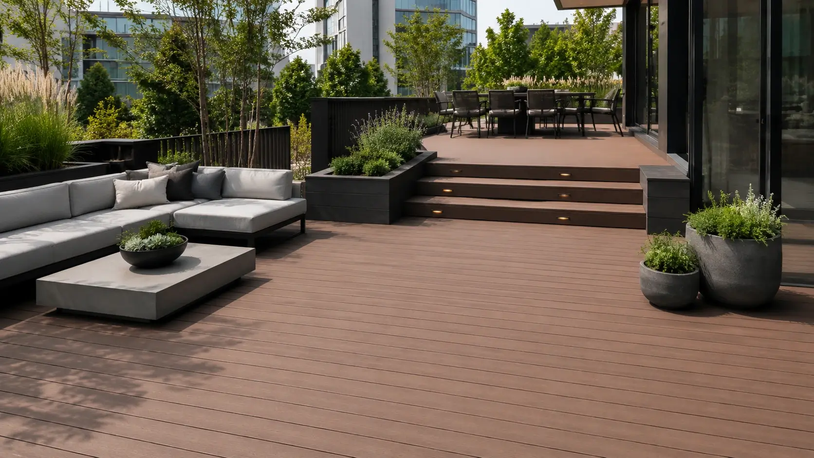 Finished composite deck built with WPC decking frame system