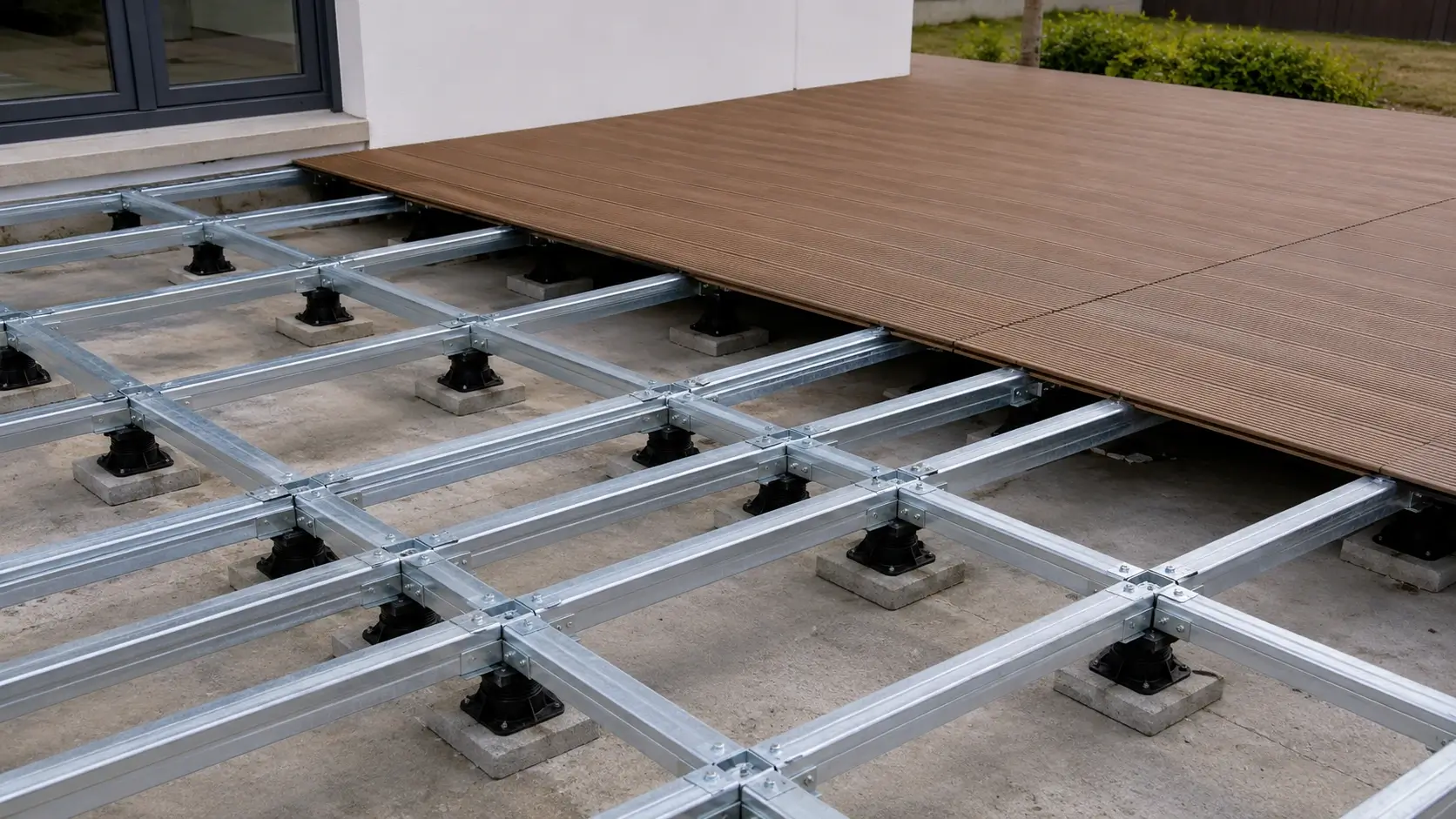 WPC decking frame installation system before composite boards are installed